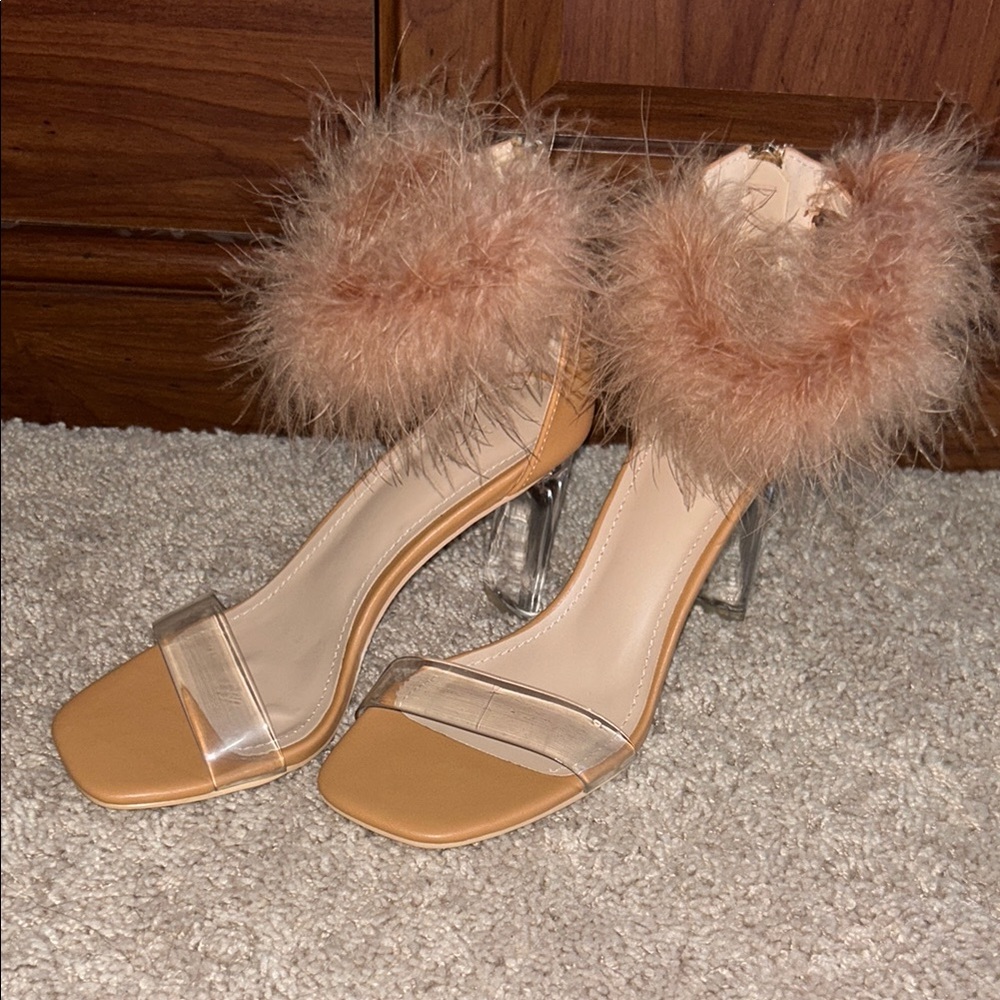 Chic Tan and Clear Heels with Feather Detail